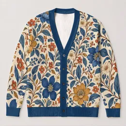 Blue and Ochre Botanical Flowers for Everyday Layering, Women’s Casual Wardrobe Style All-over Print Knitted Cardigan