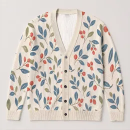 Blue Leaf Coral Berry Botanical Motif For Casual Spring Layering Women’s Wardrobe All-over Print Knitted Cardigan