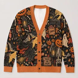 Halloween Pumpkin, Bat And Skeleton Theme For Festive Casual Everyday Layering, Women’s All-over Print Knitted Cardigan