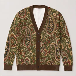 Olive Paisley Floral Motifs for Relaxed Bohemian Everyday Layering All-over Print Knitted Cardigan