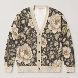 Ivory Peony Scrolls for Elegant Everyday Layering and Autumn Outings All-over Print Knitted Cardigan