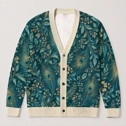 Teal Peacock Feathers and Botanical Filigree for Bohemian Everyday Layering Style All-over Print Knitted Cardigan