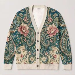 Teal Paisley Lotus Blossoms for Cozy Bohemian Fall Layering and Everyday Style All-over Print Knitted Cardigan