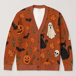 Halloween Cats, Ghosts, Bats and Pumpkins for Cozy Autumn Nights and Fallween Style All-over Print Knitted Cardigan