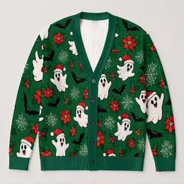 Santa Hat Ghosts, Black Bats And Poinsettias For Festive Winter Holiday Outings All-over Print Knitted Cardigan