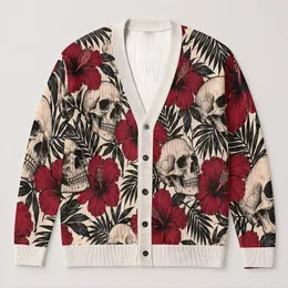 Tropical Hibiscus and Skull Motifs for Bold Alternative Summer Festival Style for Teens All-over Print Knitted Cardigan