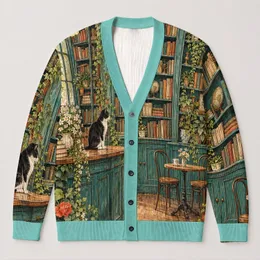 Vintage Bookshop Window With Kitten for Cozy Autumn Reading Days All-over Print Knitted Cardigan