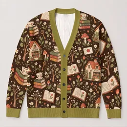 Cottagecore Bookshop Houses, Mushrooms and Tea for Cozy Autumn Reading, Teen Book Lovers All-over Print Knitted Cardigan