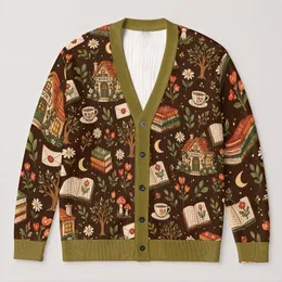 Mushroom Bookshop And Tea Cottagecore Reading Nook For Cozy Autumn Book Lovers All-over Print Knitted Cardigan