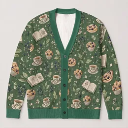 Books Coffee Cups Muffins and Leaves for Cozy Autumn Reading Days All-over Print Knitted Cardigan