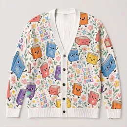 Cute Cartoon Books And Flowers For Cozy Autumn Reading Days For Young Book Lovers All-over Print Knitted Cardigan