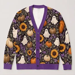 Cute Halloween Ghosts, Pumpkins And Sunflowers For Cozy Autumn Everyday Wear All-over Print Knitted Cardigan