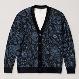 Blue Botanical Floral Line Art for Everyday Layering and Nature-Loving Teen Style All-over Print Knitted Cardigan