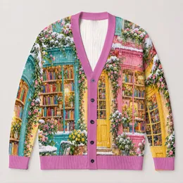 Watercolor Bookstore Snow Scene for Cozy Autumn Winter Everyday Style All-over Print Knitted Cardigan