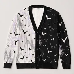 Split Black And White Bats For Gothic Autumn Layering And Everyday Wear All-over Print Knitted Cardigan
