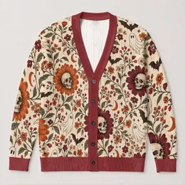 Skull Flower Bat And Ghost Halloween Style For Autumn Outings And Parties All-over Print Knitted Cardigan