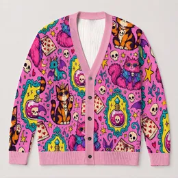 Cartoon Potion Cats And Quirky Magic Icons For Playful Everyday Layering All-over Print Knitted Cardigan
