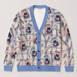 Kawaii Black Cats Reading in Jars for Cozy Bookish Days and Whimsical Everyday Style All-over Print Knitted Cardigan