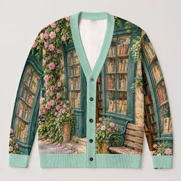 Rose-Covered Bookshop Street Scene for Cozy Autumn Reading and Cottagecore Days All-over Print Knitted Cardigan