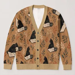 Black Cat Reading With Coffee and Autumn Botanicals for Cozy Cottagecore Fall Days All-over Print Knitted Cardigan