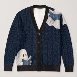 Reading Ghosts with Books for Scholarly Autumn Study and Dark Academia Days All-over Print Knitted Cardigan