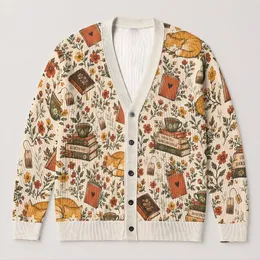Book Lover Tea Cup And Sleeping Cat Motifs For Cozy Autumn Reading And Study Days All-over Print Knitted Cardigan