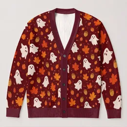 White Ghosts, Autumn Leaves and Acorns for Cozy Halloween Season Style All-over Print Knitted Cardigan