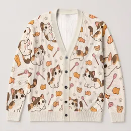 Playful Cartoon Cats and Orange Fish for Cozy Autumn Everyday Layering All-over Print Knitted Cardigan