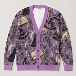 Witch Hat Black Cat Spellbook Motifs for Cozy Autumn Evenings and Everyday Layering All-over Print Knitted Cardigan
