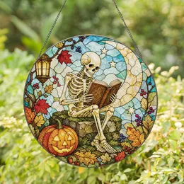 Skeleton Reading by a Harvest Moon for Halloween Book Lovers and Autumn Decor Gifts Stained Glass Suncatcher