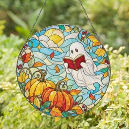 Ghost Reading On Pumpkins For Halloween Autumn Decor And Cozy Book Lover Home Gifts Stained Glass Suncatcher