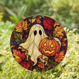 Ghost Pumpkin and Autumn Leaves for Halloween Fall Decor Gift for Spooky Home Lovers Stained Glass Suncatcher