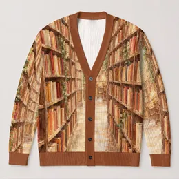 Vintage Library Bookshelf Aisle for Cozy Autumn Reading and Quiet Study Sessions at Home All-over Print Knitted Cardigan