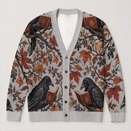 Autumn Crows Reading Books Among Maple Leaves for Cozy Halloween Fall Days Outdoors All-over Print Knitted Cardigan