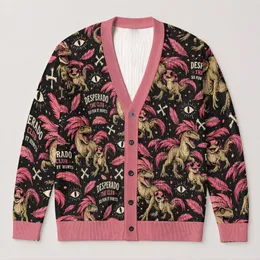 Pink Punk Dinosaur Duo Retro Style for Everyday Casual Layering Teen Girls All-over Print Knitted Cardigan