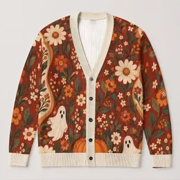 Pumpkin Ghosts and Daisies for Cozy Halloween Autumn Style All-over Print Knitted Cardigan
