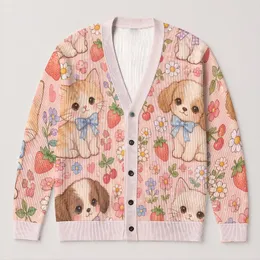 Kawaii Puppy And Kitten Pastel Flowers For Cozy Fall Days And Cute Casual Style All-over Print Knitted Cardigan