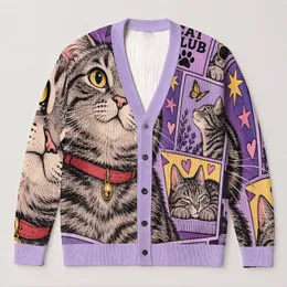 Gray Tabby Cat Comic Collage for Halloween and Everyday Cat Lover Style All-over Print Knitted Cardigan