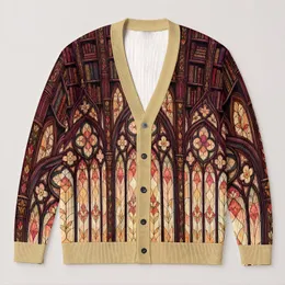 Vintage Library Stained Glass Windows for Back-to-School Reading Style for Students All-over Print Knitted Cardigan