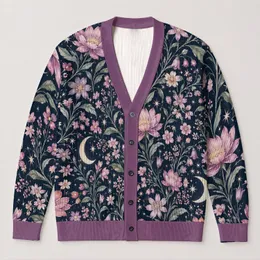 Crescent Moon Wildflower Night Garden for Cozy Autumn Everyday Layering Teens Style All-over Print Knitted Cardigan