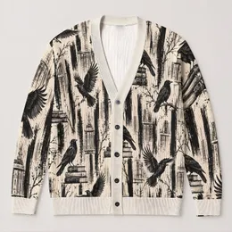 Black Crows Perched on Books for Moody Autumn Reading and Everyday Layering Style All-over Print Knitted Cardigan