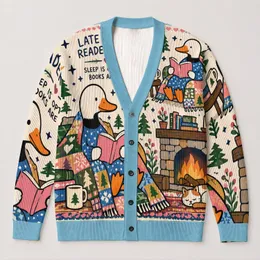 Reading Ducks And Book Club Scenes For Cozy Autumn Evenings, Teens And Students All-over Print Knitted Cardigan