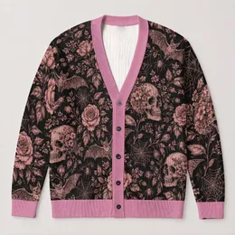 Pastel Goth Skull Rose Bat Web Style for Alternative Autumn Everyday Layering Teens All-over Print Knitted Cardigan