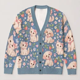 Pastel Puppy And Kitten Garden Companions For Cozy Everyday Layering All-over Print Knitted Cardigan