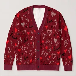 Burgundy Love Hearts And Romantic Doodles For Cozy Halloween Autumn Layering All-over Print Knitted Cardigan