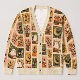 Halloween Pumpkin Books Bats and Ghosts for Cozy Autumn Spooky Season Teens and Readers All-over Print Knitted Cardigan