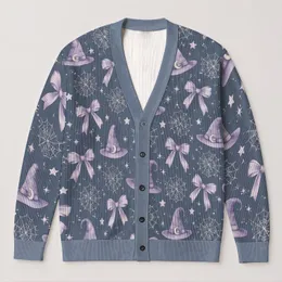 Lavender Witch Hats And Bows For Whimsical Autumn Nights And Cozy Everyday Style All-over Print Knitted Cardigan
