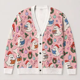 Santa Hat Reading Ghosts With Candy Canes For Cozy Holiday Season Fun All-over Print Knitted Cardigan