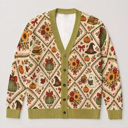 Reading Ghosts, Pumpkins and Sunflowers for Cozy Halloween Book Lovers of All Ages All-over Print Knitted Cardigan