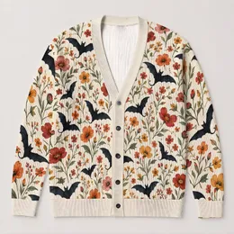 Wildflower Bats and Autumn Blooms for Cozy Cottagecore Fall Layering All-over Print Knitted Cardigan
